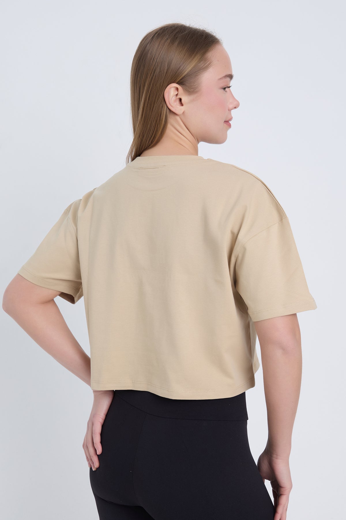 Kadın Oversize Forever Baskılı Siyah Bej Crop