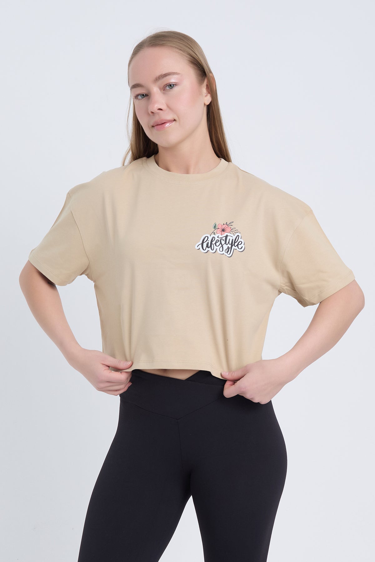 Kadın Oversize Lifestyle Baskılı Siyah Bej Crop