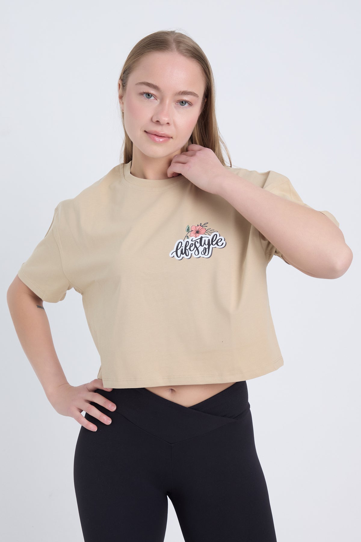 Kadın Oversize Lifestyle Baskılı Siyah Bej Crop