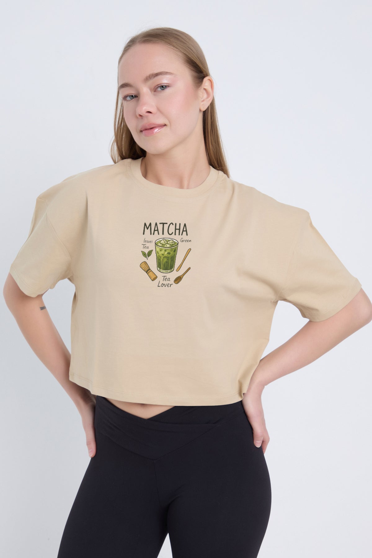 Kadın Oversize More Mactha Baskılı Beyaz Renk Crop