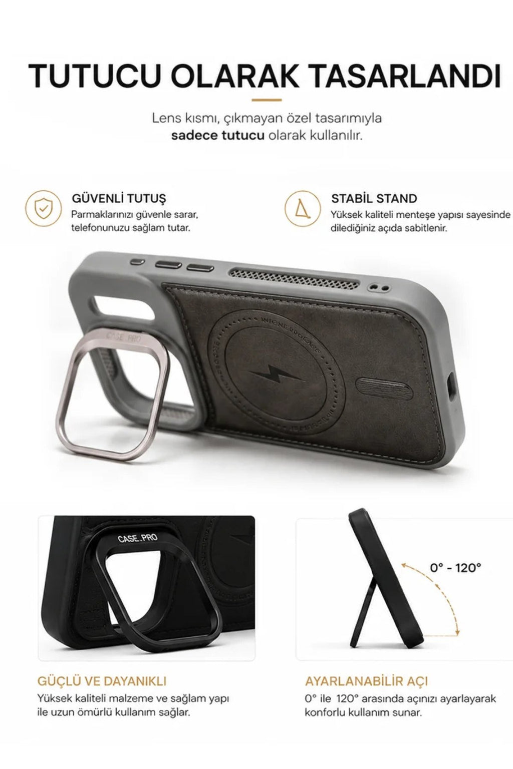 iPhone 17 Pro GripStand MagSafe Deri Kılıf Gri