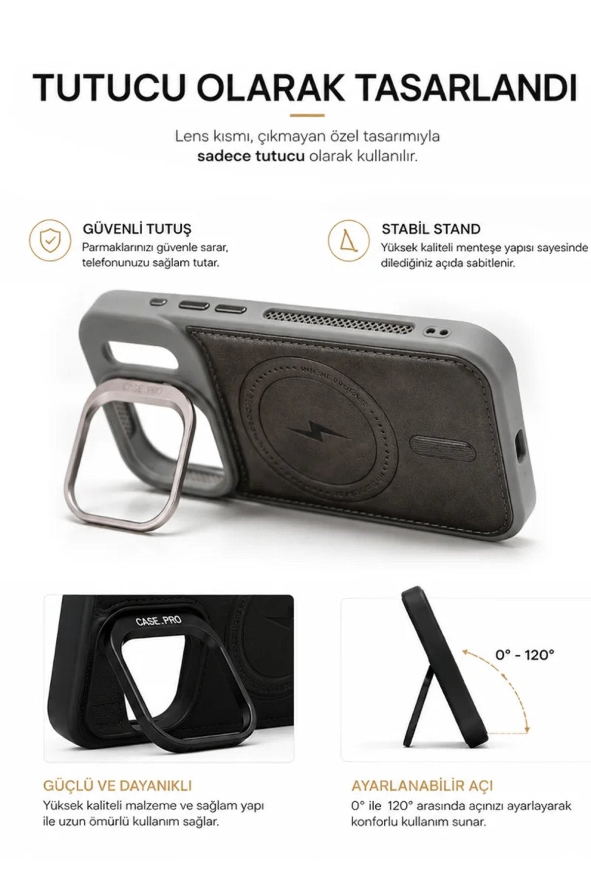iPhone 17 Pro GripStand MagSafe Deri Kılıf Gri
