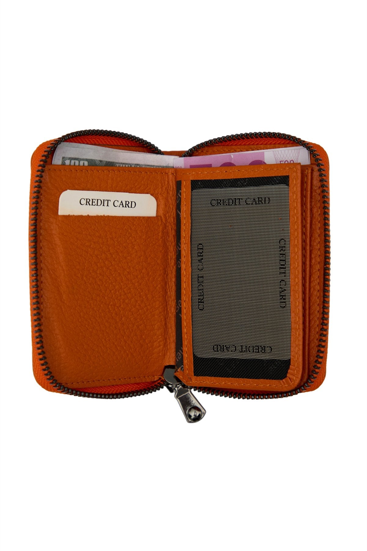 Hakiki Deri Turuncu Renk Fermuarlı Mavi Unisex Cüzdan Kartlık