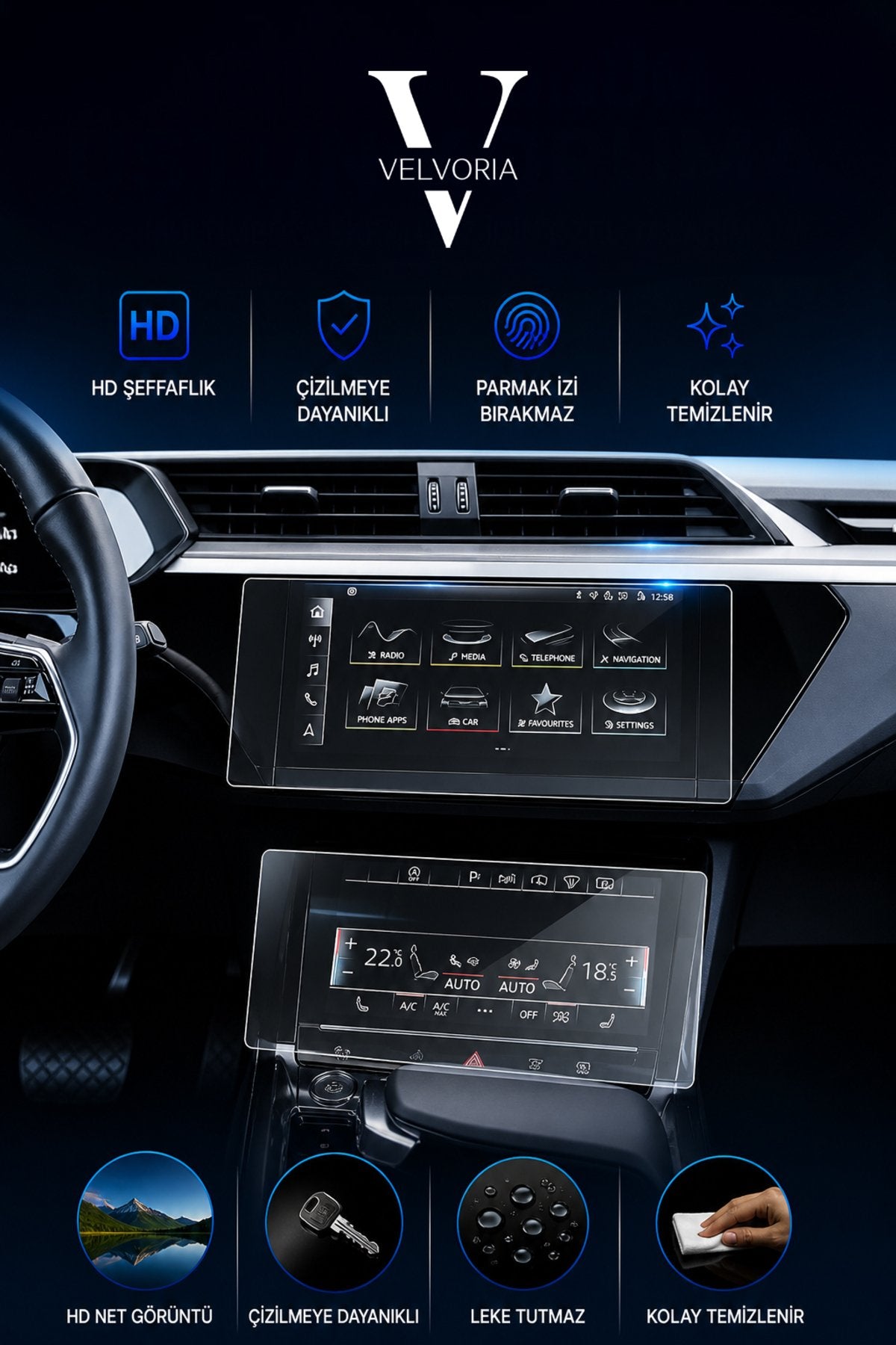 Audi A6 Navigasyon ve Alt Kontrol Paneli Esnek Nano Glass Ekran Koruyucu 2019-2023