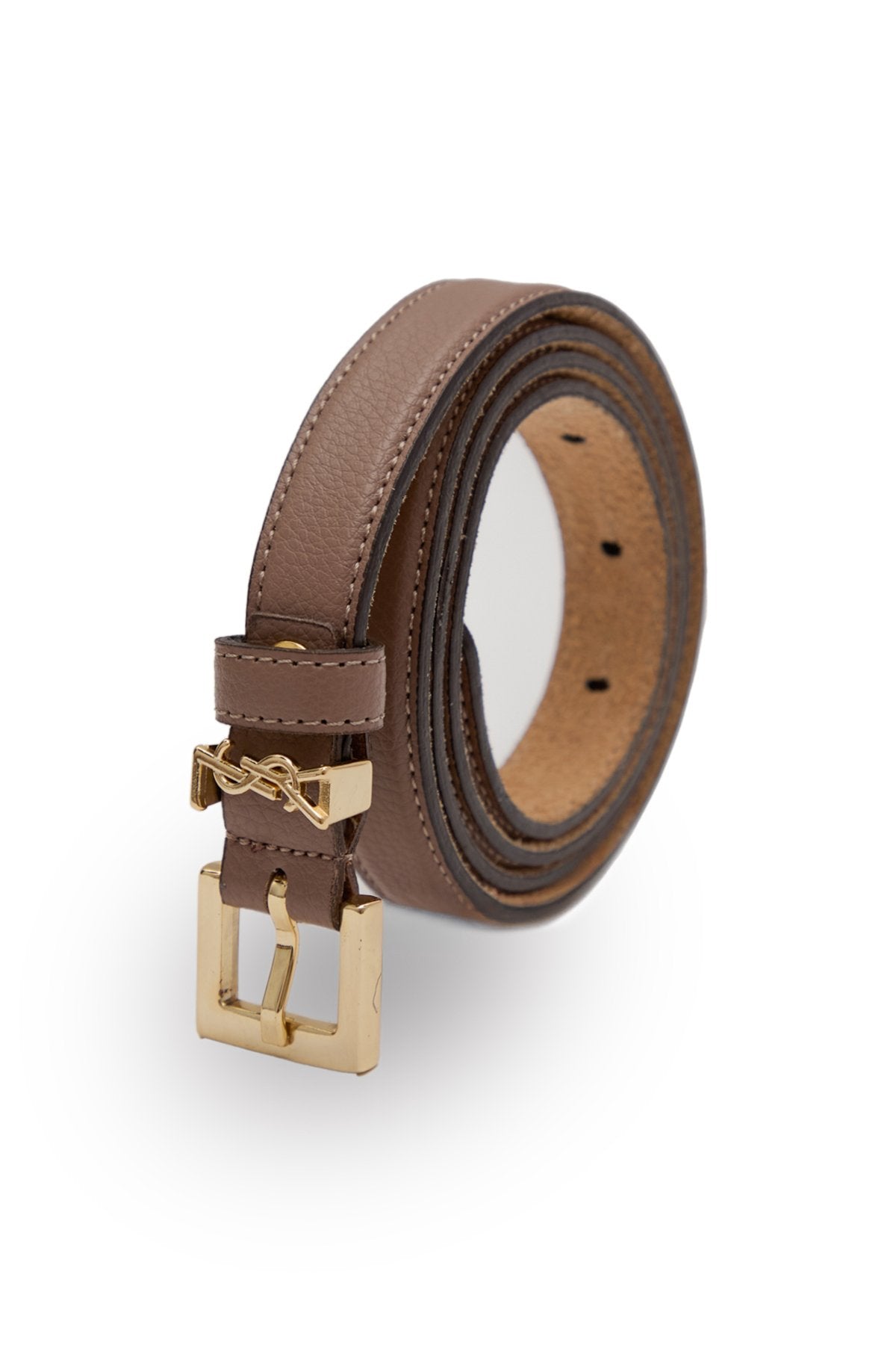 Kadın Vizon Renk Parlak Gold Tokalı İnce Deri Kemer