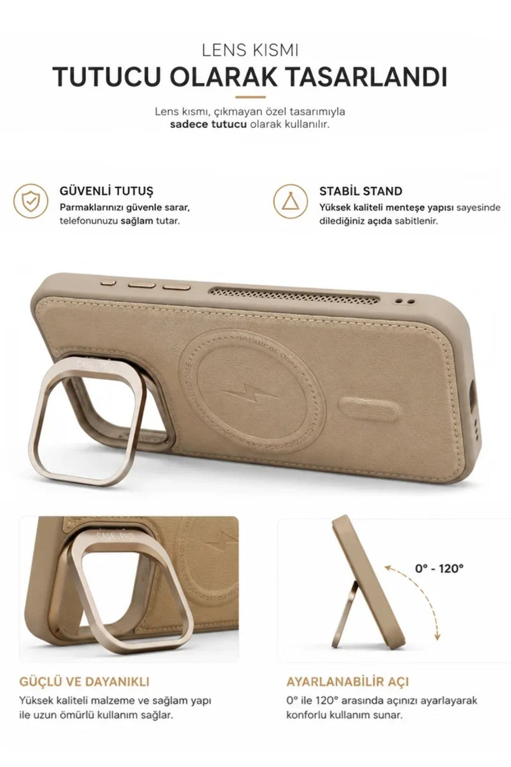 iPhone 16 Pro GripStand MagSafe Deri Kılıf Krem