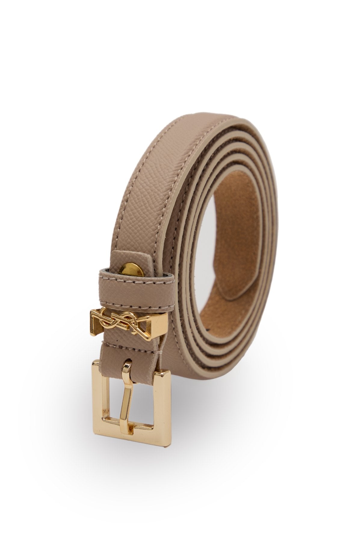 Kadın Kum Beji Parlak Gold Tokalı İnce Deri Kemer