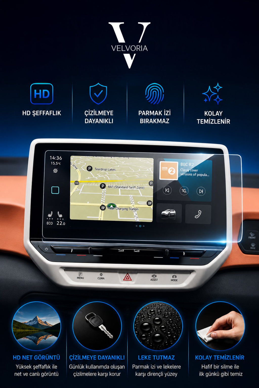 Volkswagen ID.3 10 inç Navigasyon Esnek Nano Glass Ekran Koruyucu Multimedya Ekran Koruyucu