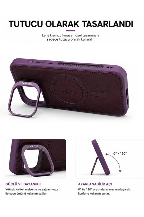 iPhone 13 GripStand MagSafe Deri Kılıf Mor