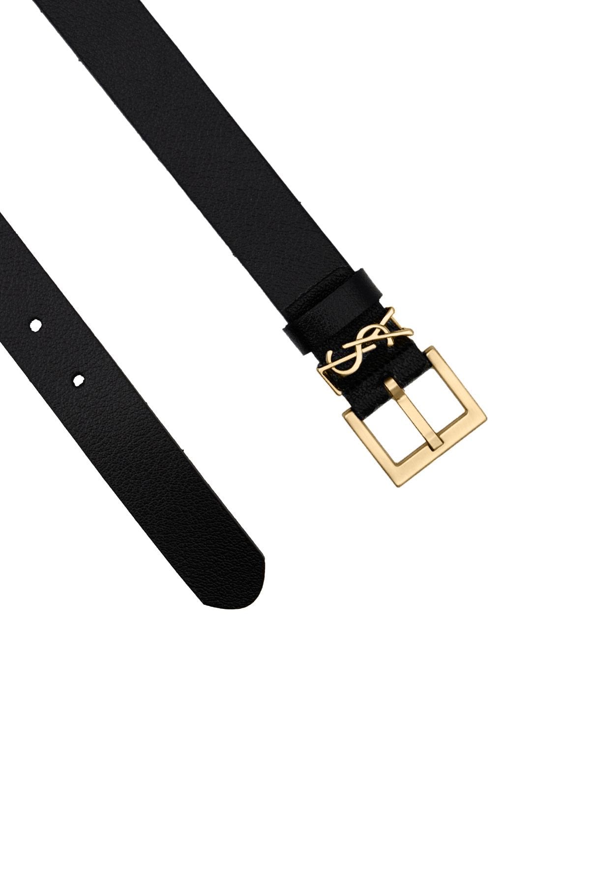 Kadın Siyah Hakiki Deri Kemer Parlak Gold Tokalı