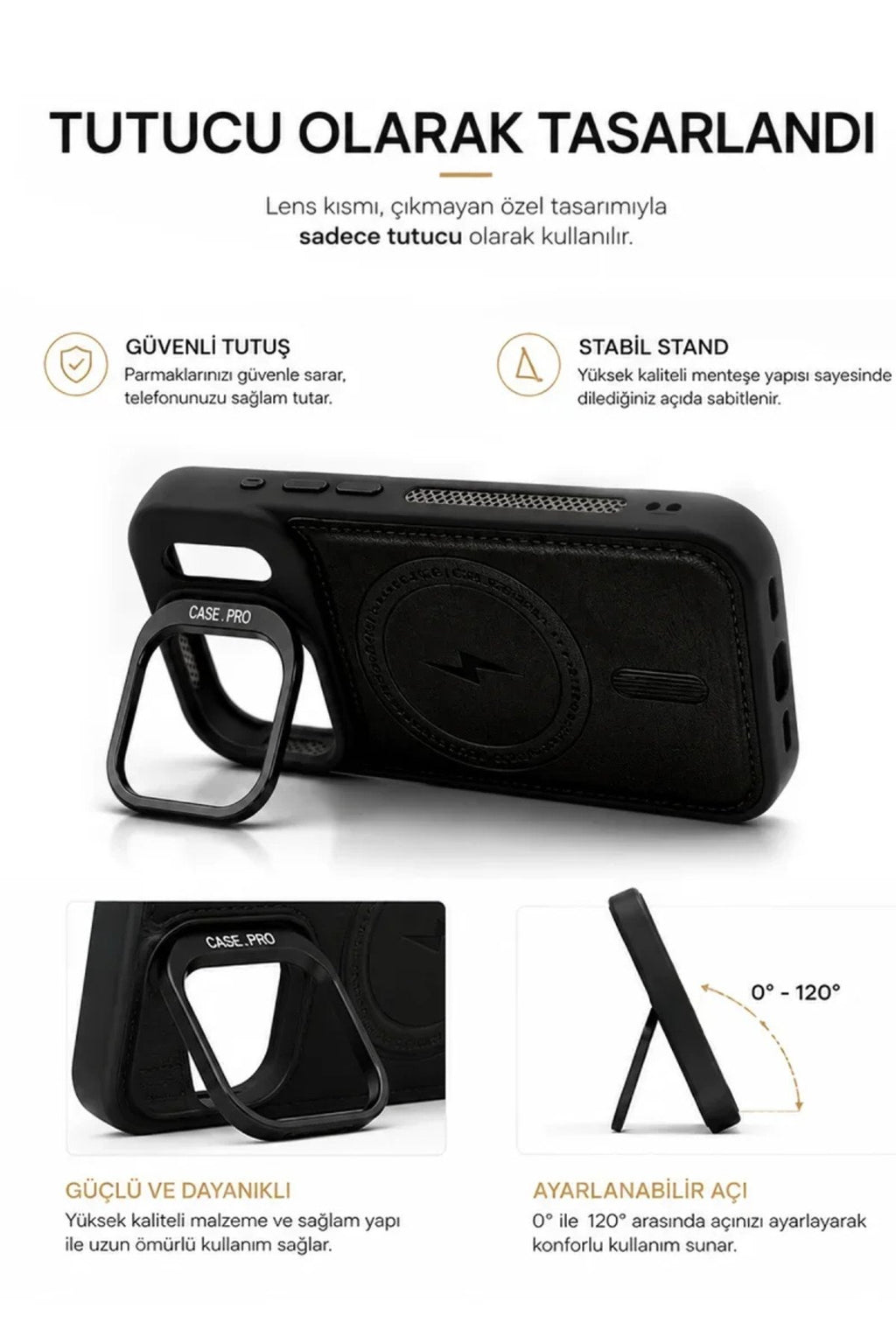 iPhone 17 Pro Max GripStand MagSafe Deri Kılıf Siyah