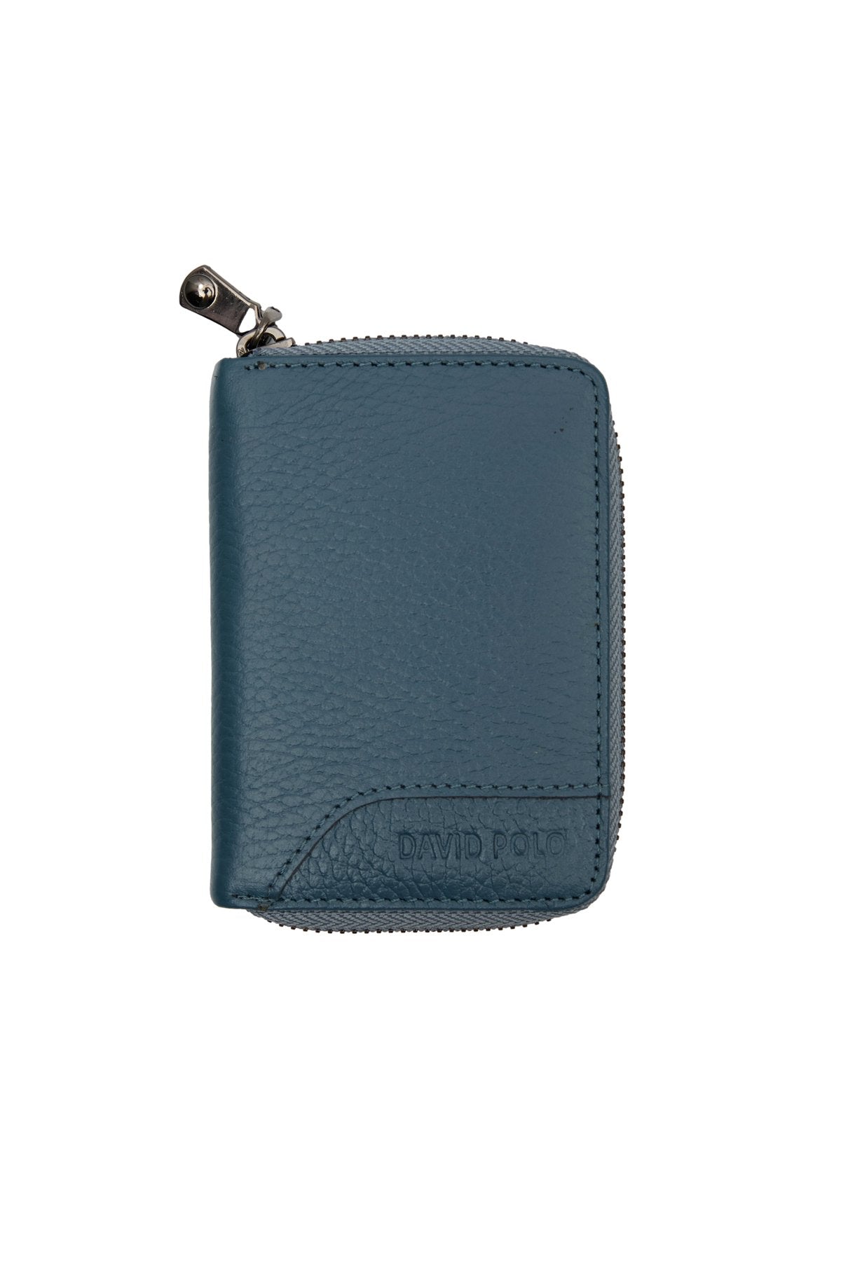 Hakiki Deri Fermuarlı Mavi Unisex Cüzdan Kartlık