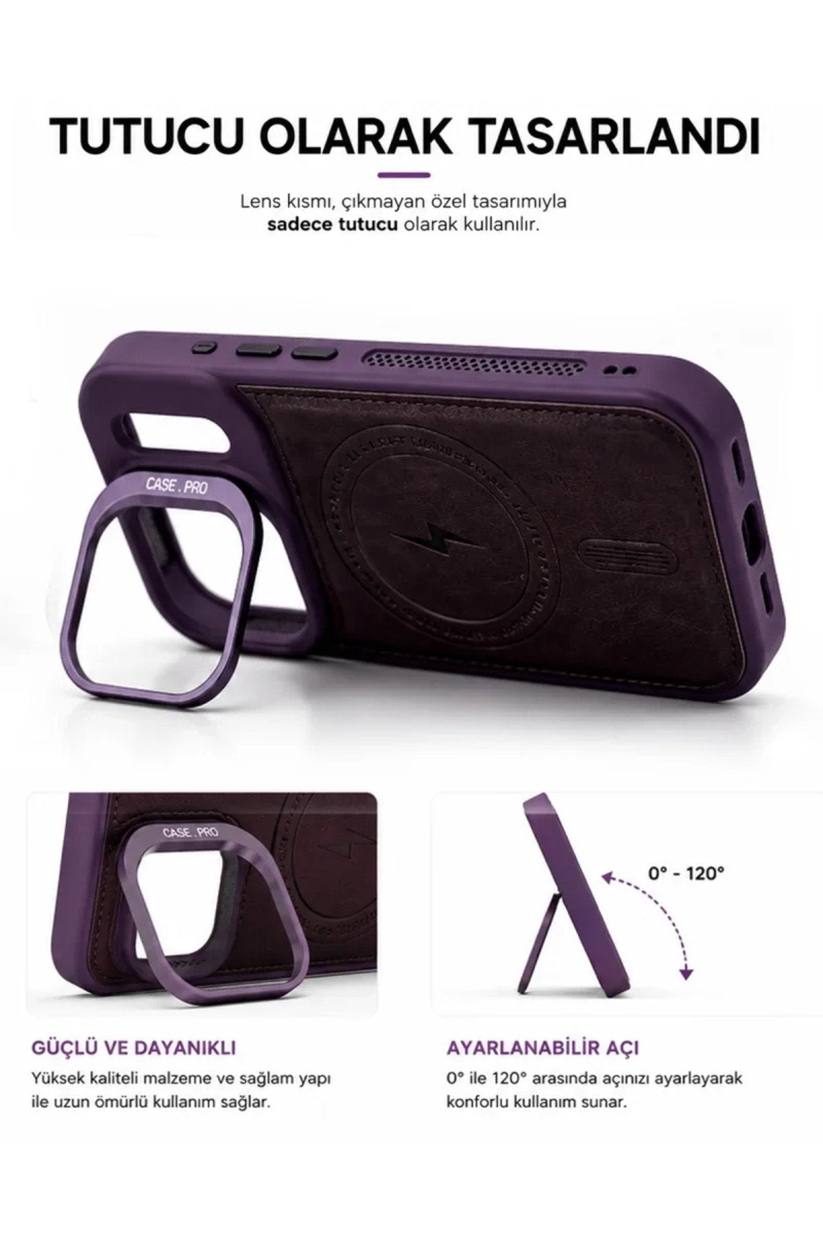 iPhone 17 Pro Max GripStand MagSafe Deri Kılıf Mor