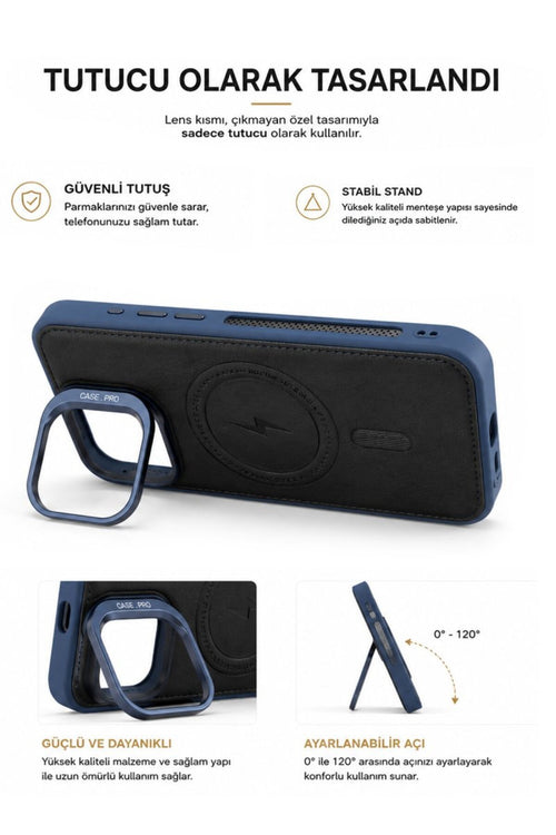 iPhone 11 GripStand MagSafe Deri Kılıf Lacivert