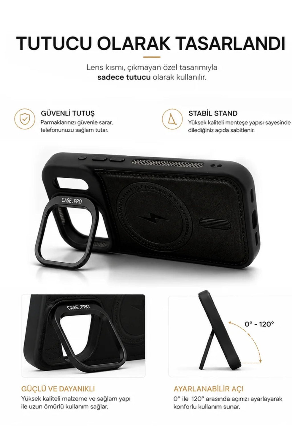iPhone 17 Pro GripStand MagSafe Deri Kılıf Siyah