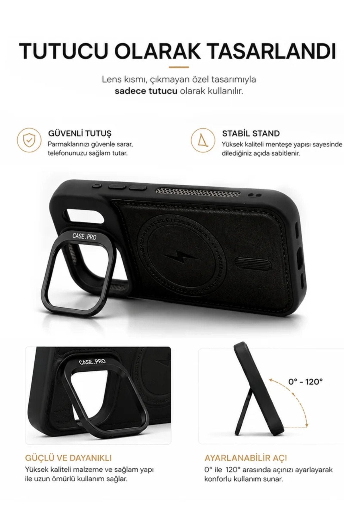 iPhone 17 Pro GripStand MagSafe Deri Kılıf Siyah