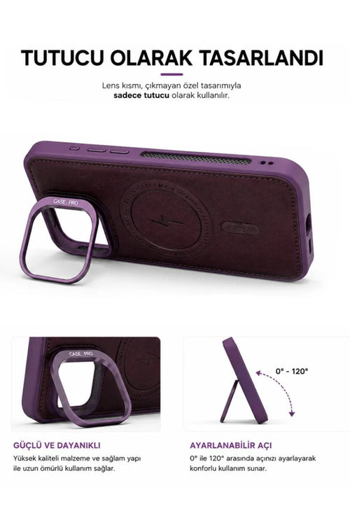 iPhone 11 GripStand MagSafe Deri Kılıf Mor