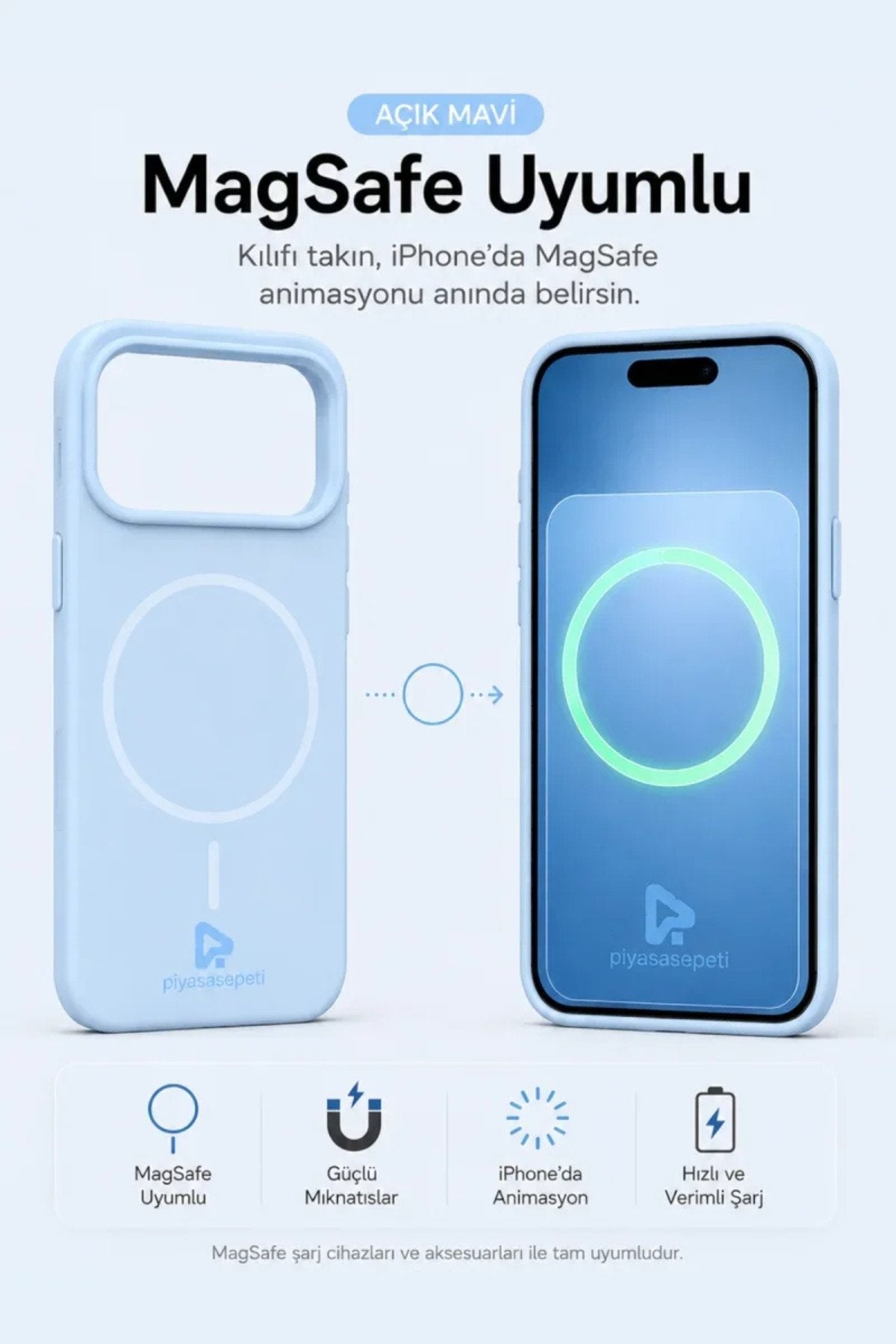 iPhone 17 Pro Max Mag Core Akıllı MagSafe Animasyonlu Silikon Kılıf Açık Mavi