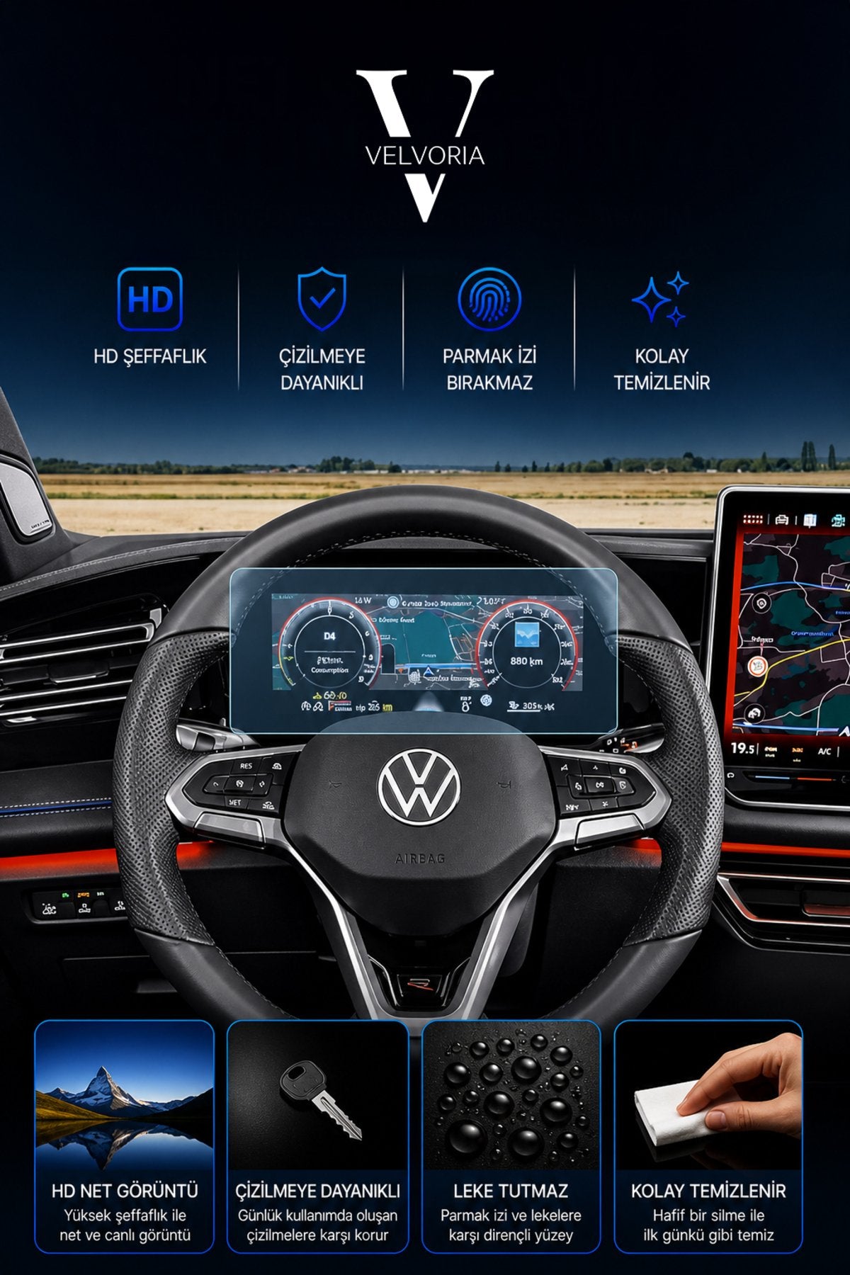 Volkswagen Yeni Tiguan E-tsi 10.25 Inç Dijital Gösterge Panel Esnek Nano Glass Ekran Koruyucu 2024