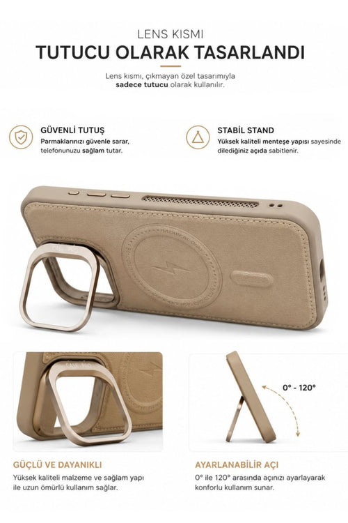 iPhone 11 GripStand MagSafe Deri Kılıf Krem
