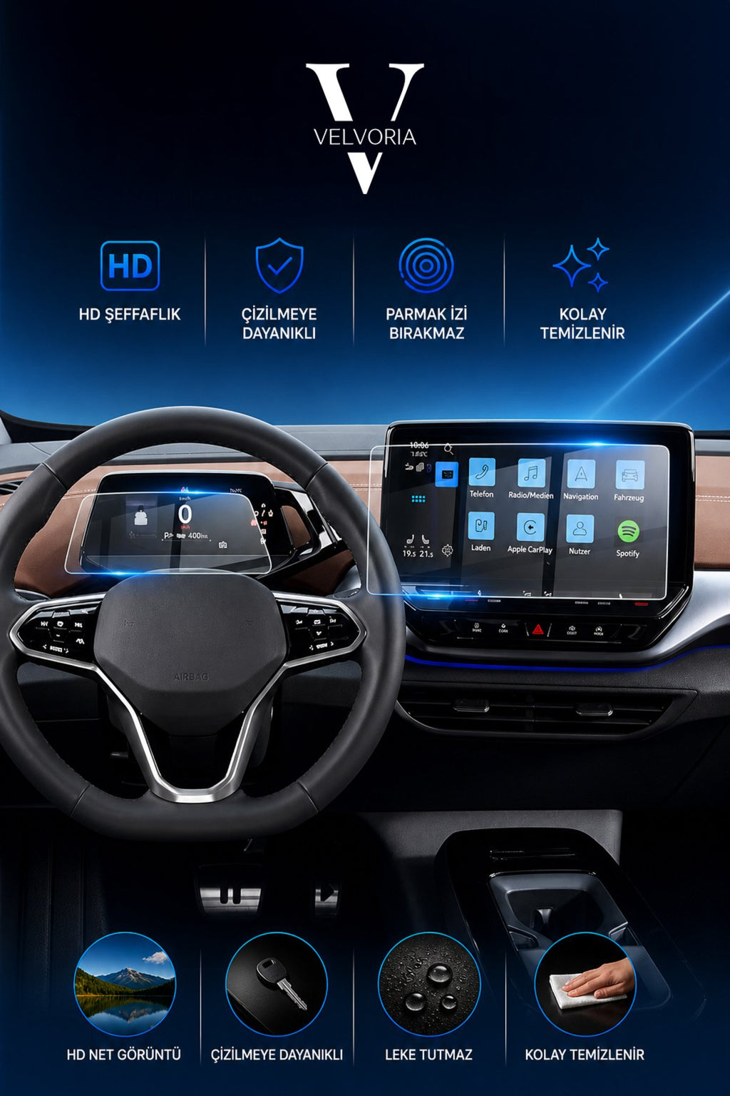 Volkswagen ID.3 Navigasyon Ve Gösterge Paneli Nano Glass Ekran Koruyucu Multimedya Ekran Koruyucu