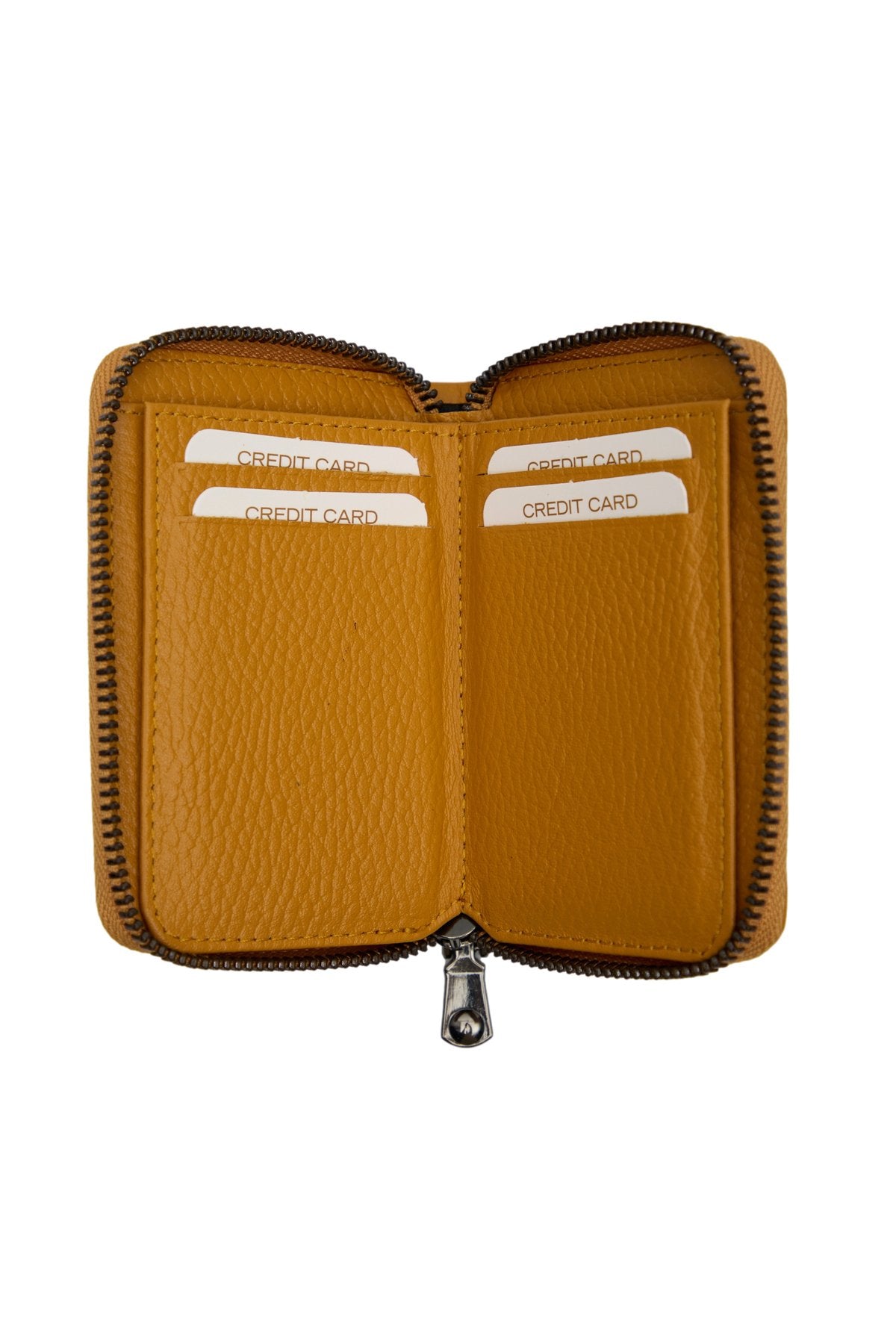 Hakiki Deri Fermuarlı Hardal Unisex Cüzdan Kartlık