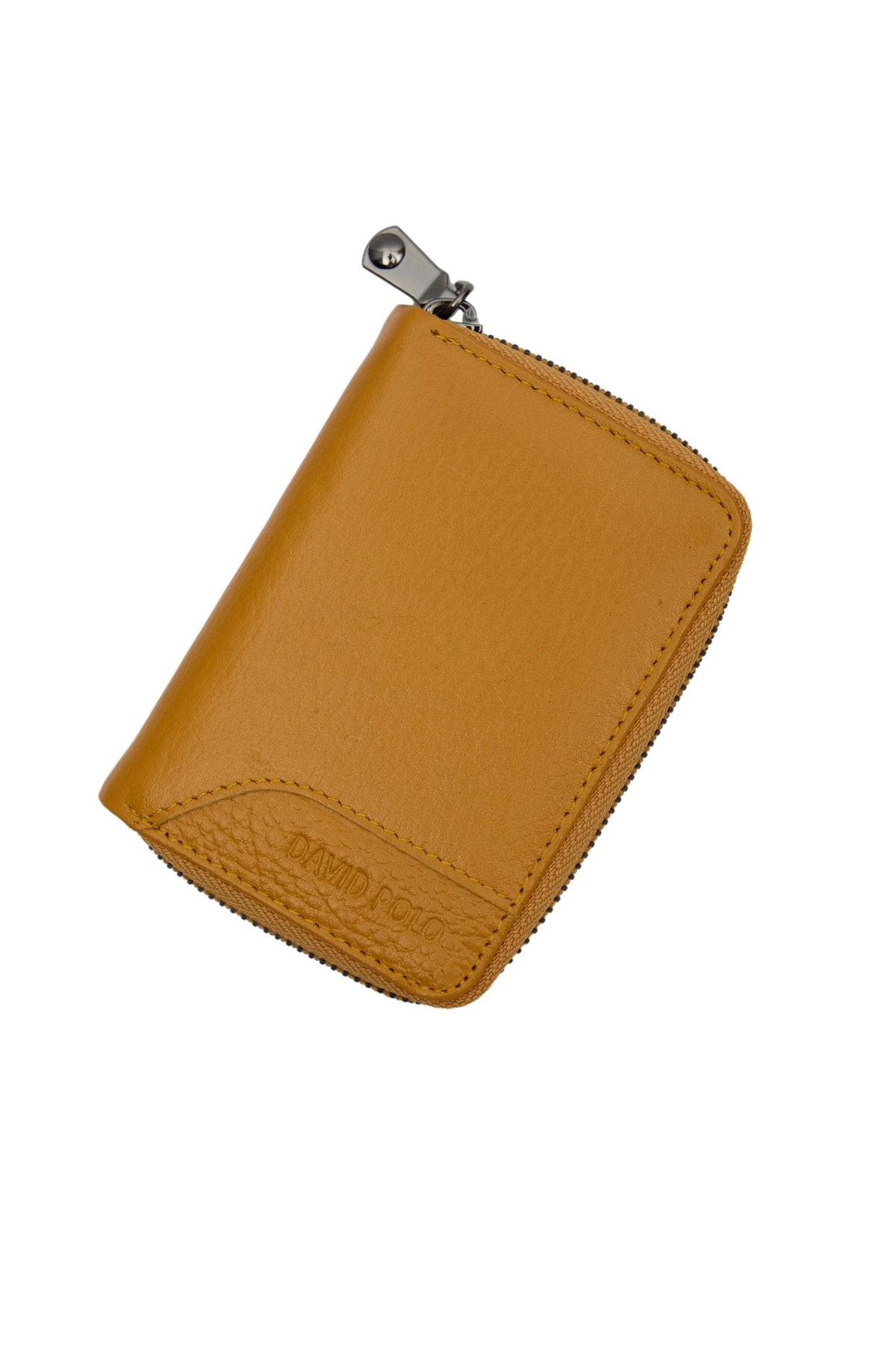 Hakiki Deri Fermuarlı Hardal Unisex Cüzdan Kartlık