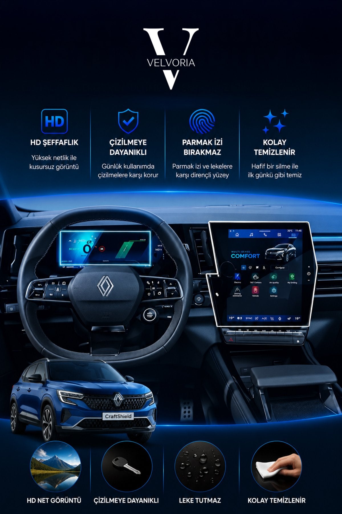 Renault Austral 12 inç Multimedya ve Gösterge 2li Set 9H Nano Ekran Koruyucu 2025