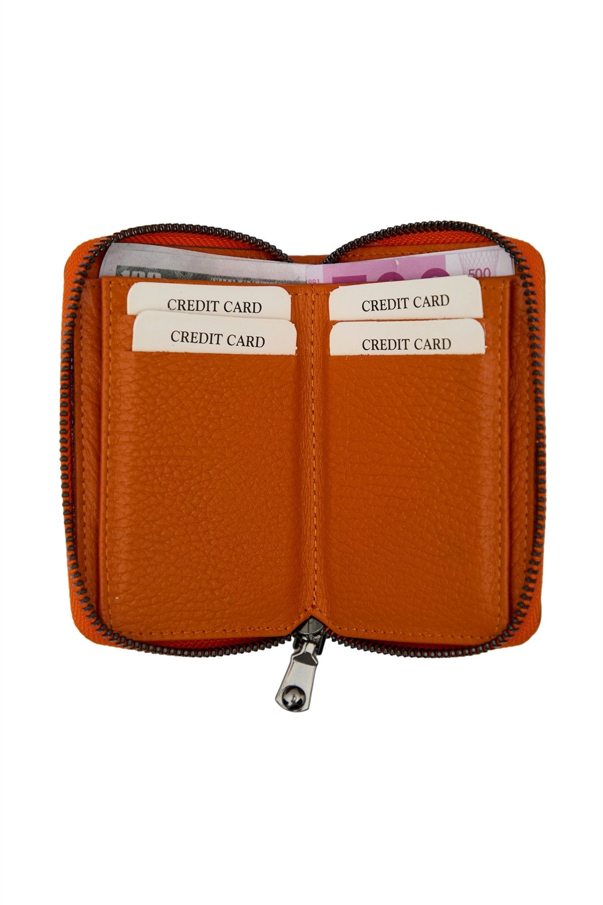Hakiki Deri Turuncu Renk Fermuarlı Mavi Unisex Cüzdan Kartlık