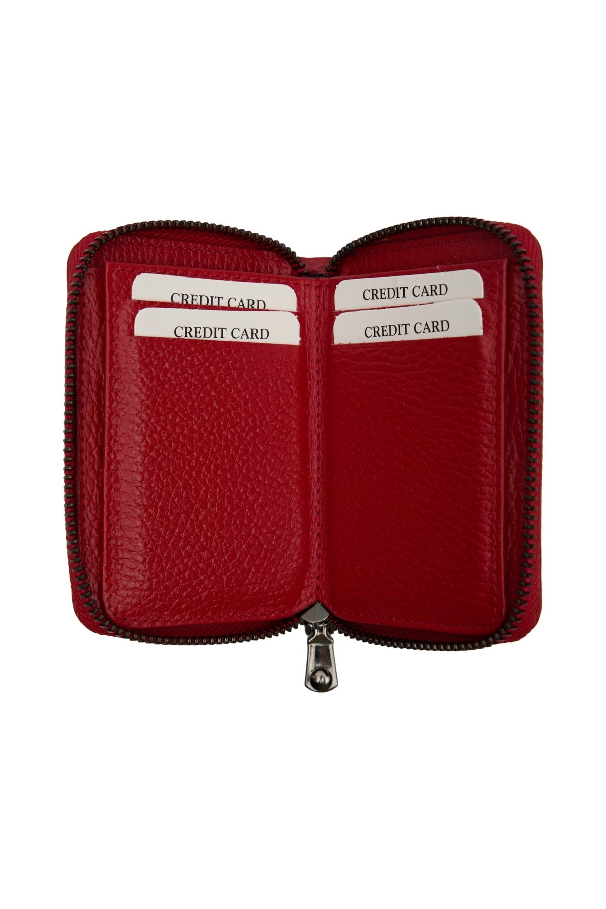 Hakiki Deri Fermuarlı Kırmızı Unisex Cüzdan Kartlık