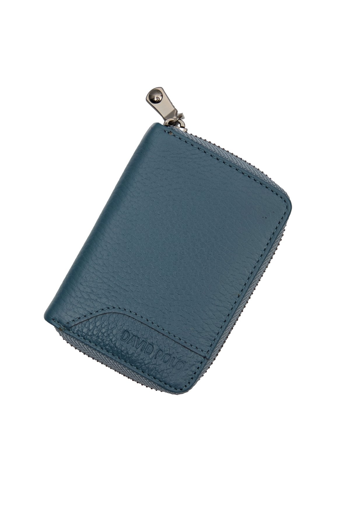 Hakiki Deri Fermuarlı Mavi Unisex Cüzdan Kartlık