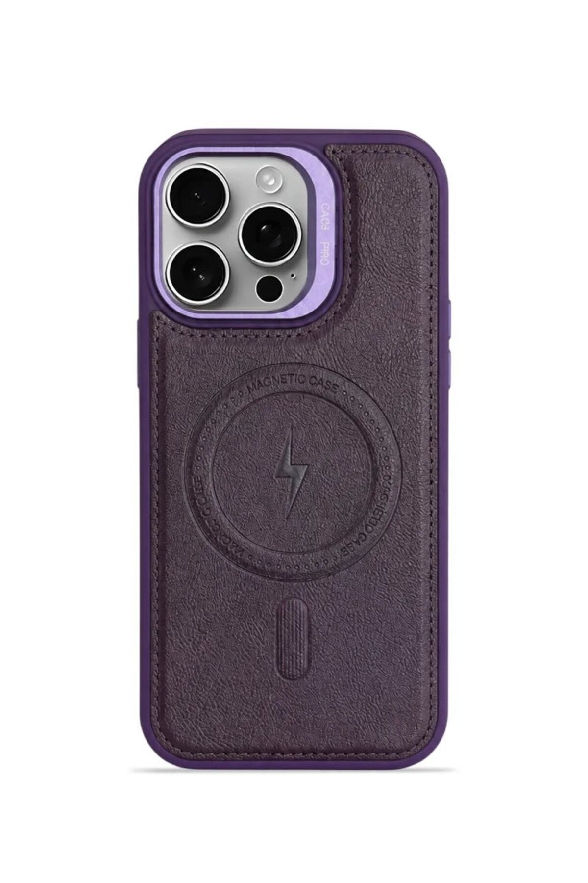 iPhone 15 GripStand MagSafe Deri Kılıf Mor