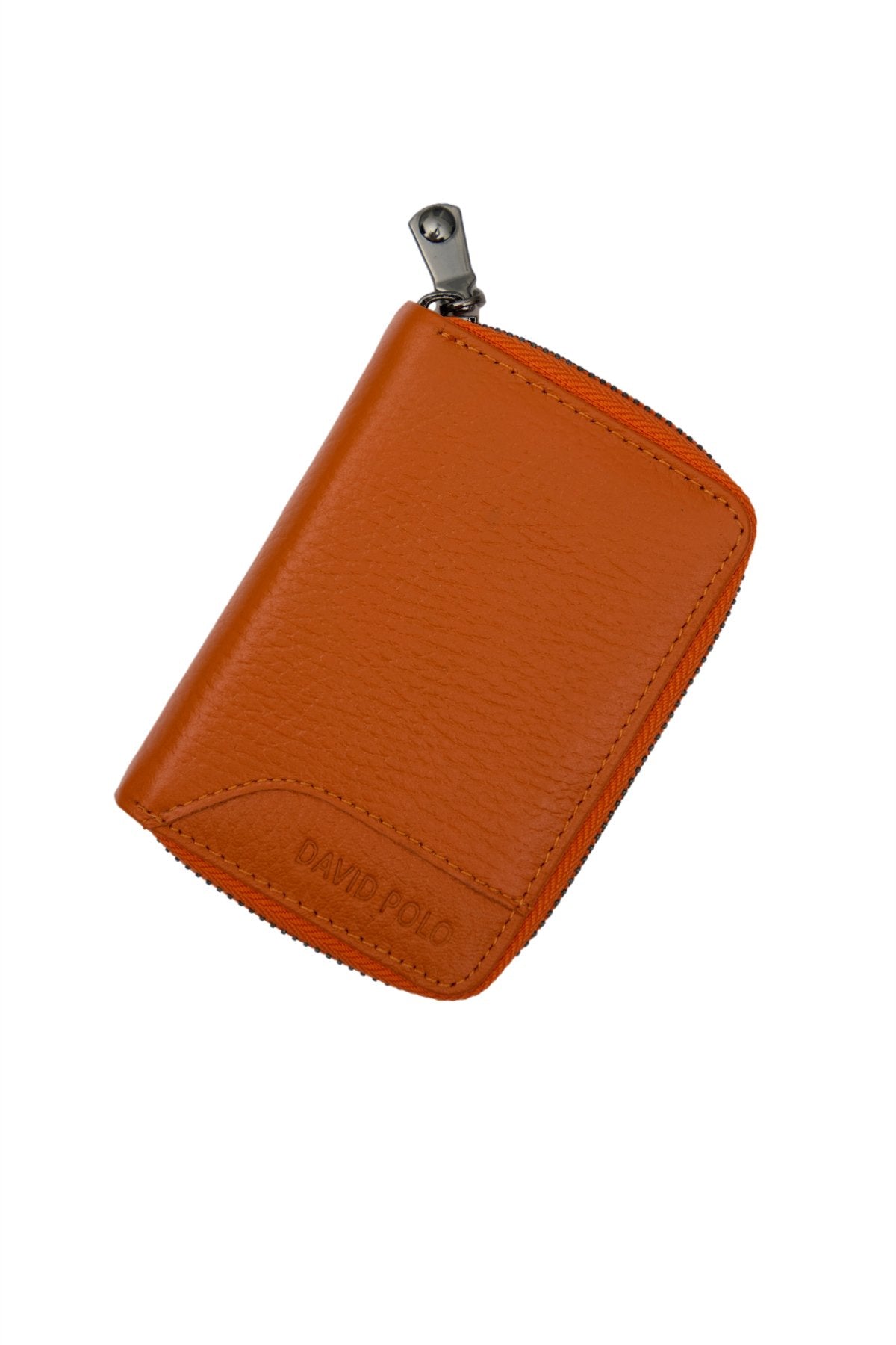 Hakiki Deri Turuncu Renk Fermuarlı Mavi Unisex Cüzdan Kartlık