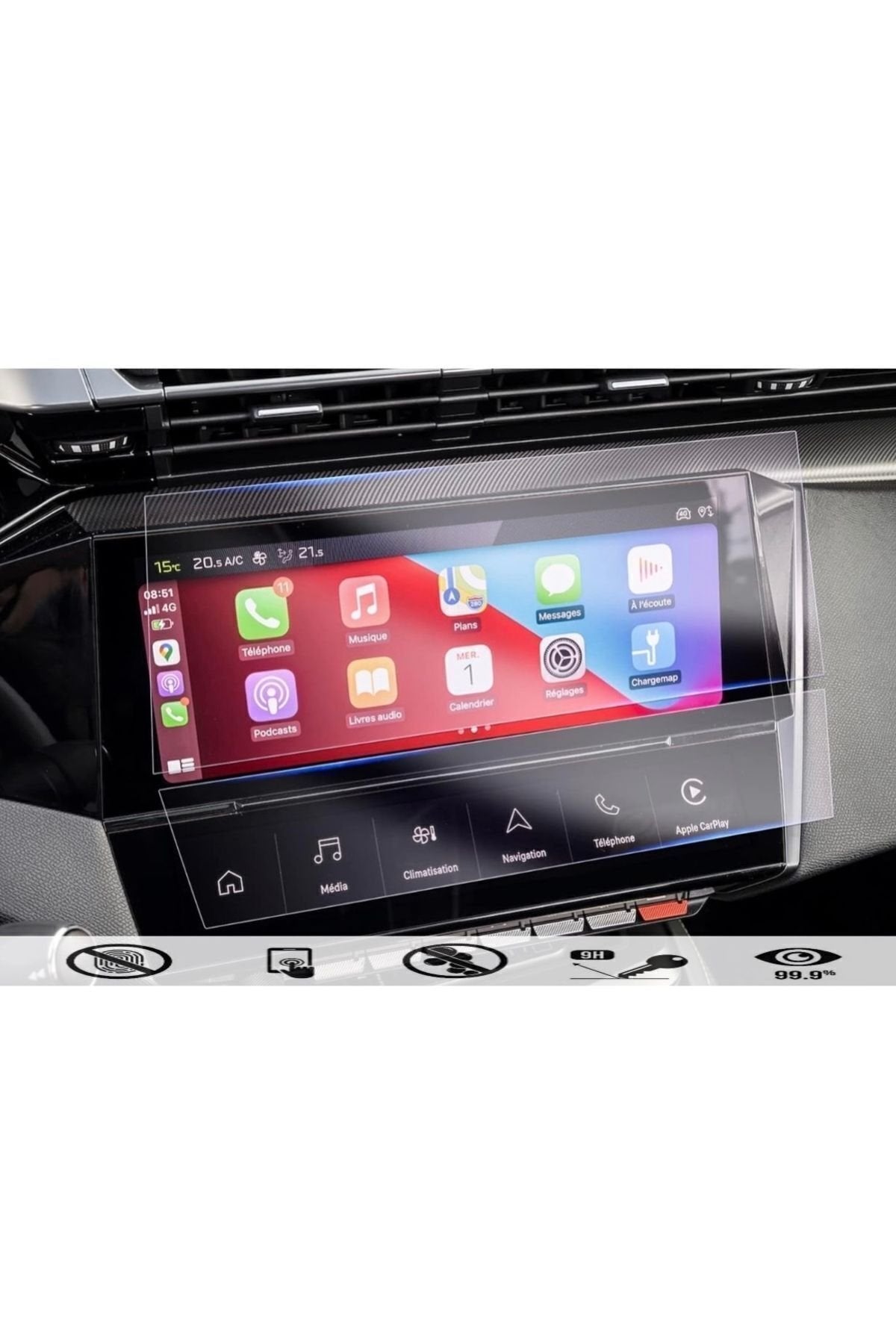 Peugeot 408 Gt Multimedya Ve Klima Paneli Glass Ekran Koruyucu Kırılmaz Şeffaf Temperli Nano Cam