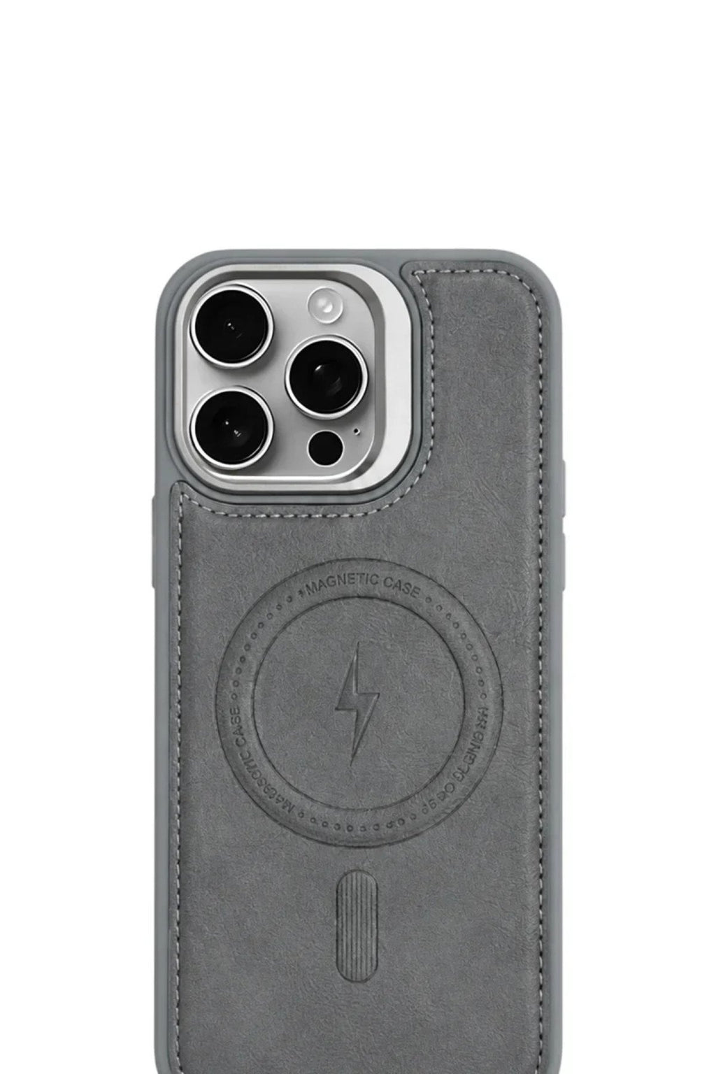 iPhone 15 GripStand MagSafe Deri Kılıf Gri