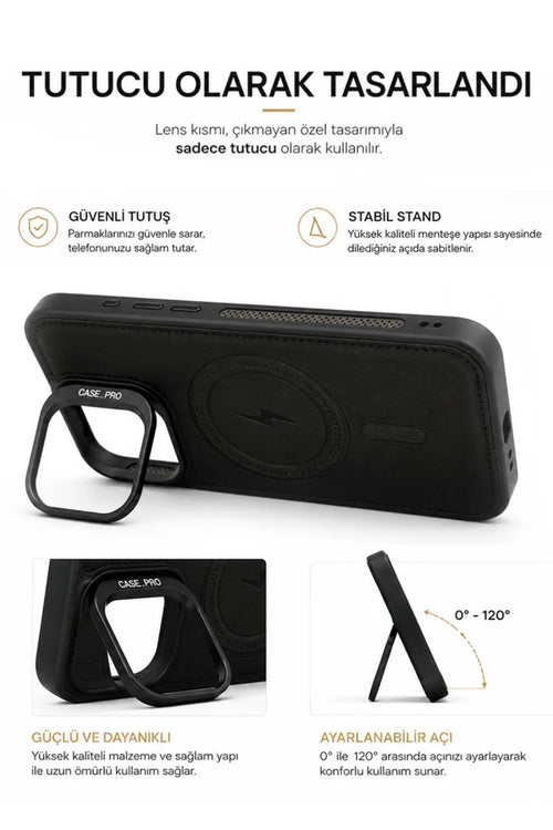 iPhone 11 GripStand MagSafe Deri Kılıf Siyah