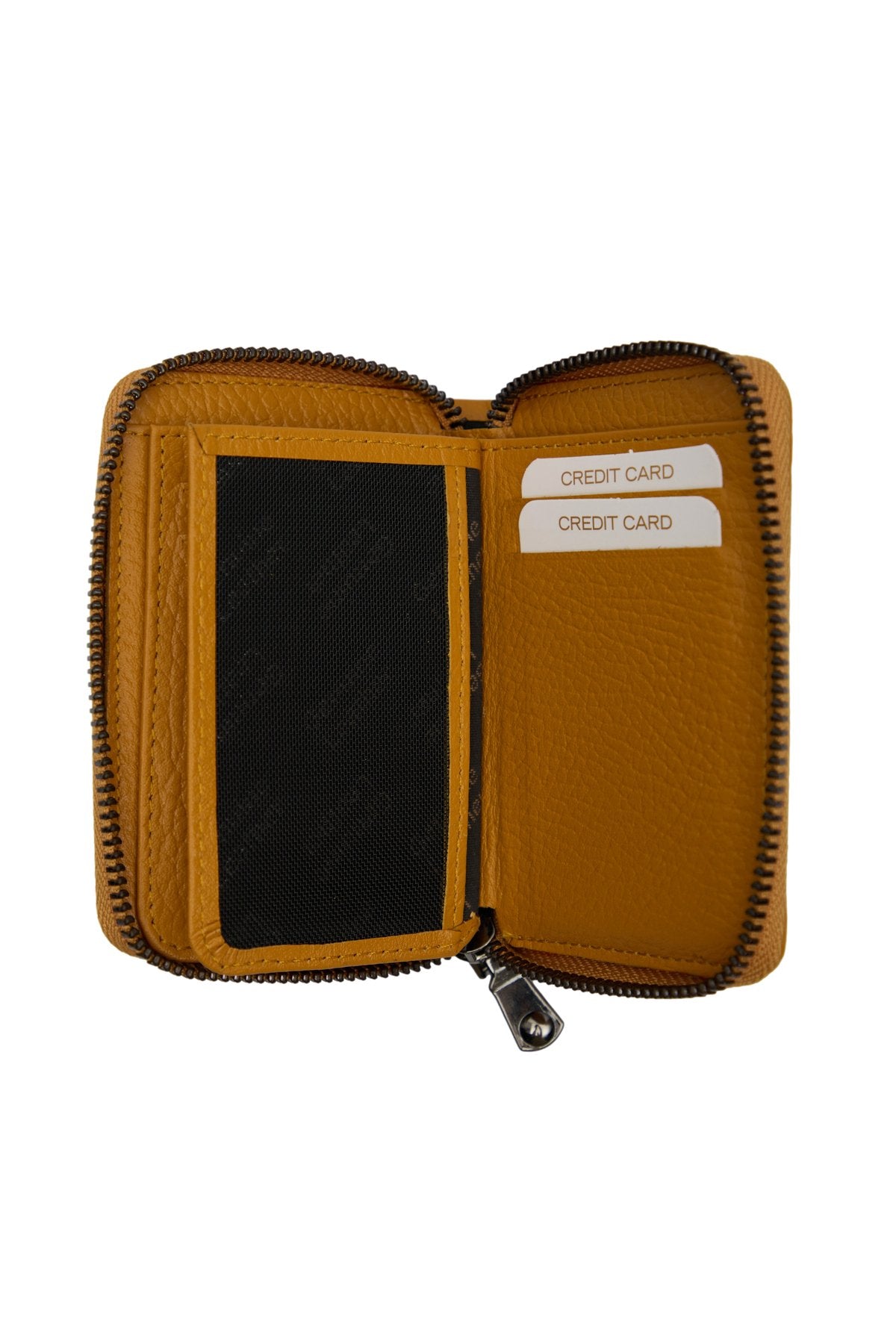 Hakiki Deri Fermuarlı Hardal Unisex Cüzdan Kartlık