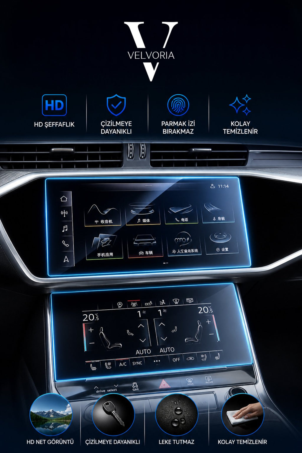 Audi A7 Navigasyon ve Alt Kontrol Paneli Nano Glass Ekran Koruyucu 2019-2023