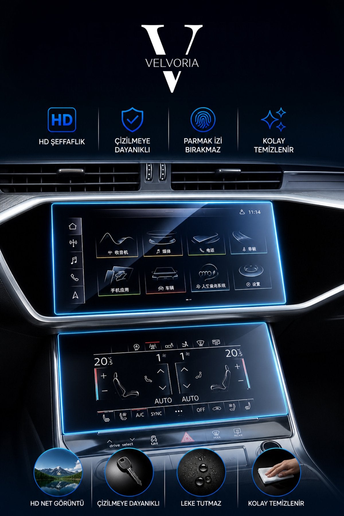 Audi A7 Navigasyon ve Alt Kontrol Paneli Nano Glass Ekran Koruyucu 2019-2023